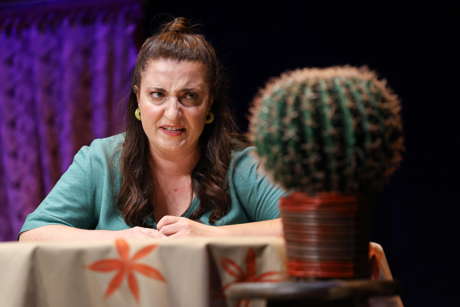 Frau die mit einem Kaktus redet