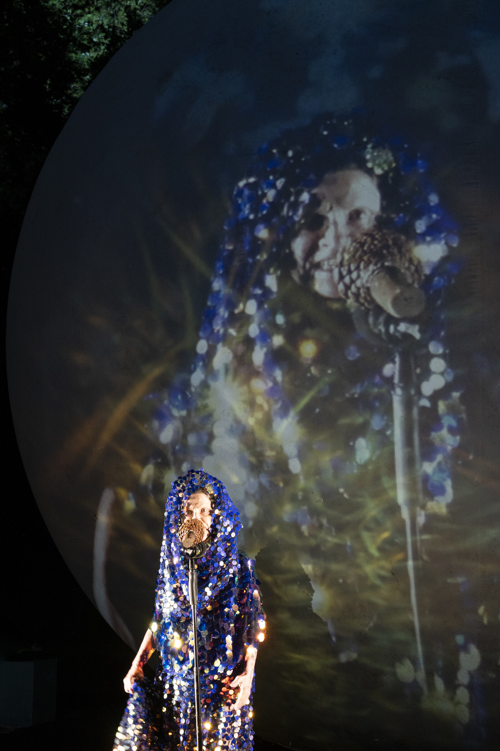 Gaia, Mother Earth, (M. Neumann) stands in front of a microphone; her face is projected large behind her.