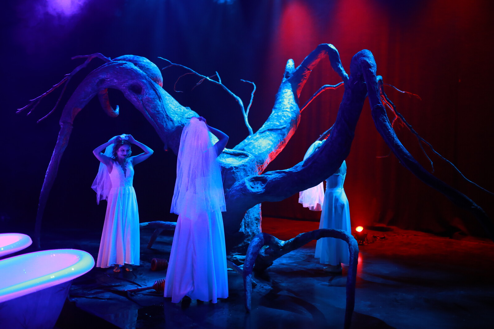 3 Frauen in weißen Kleidern stehen um einen Baum herum