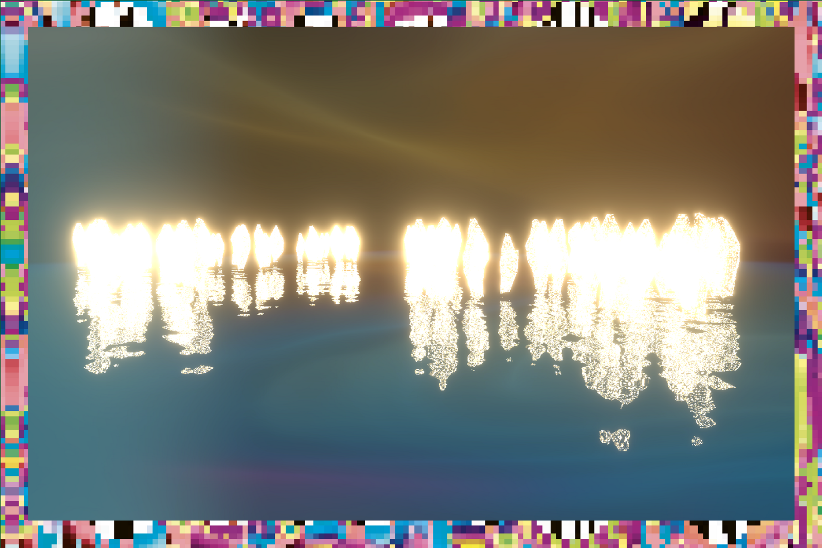 eine gruppe lichtgestalten an einem horizont, sich in wasser spiegelnd