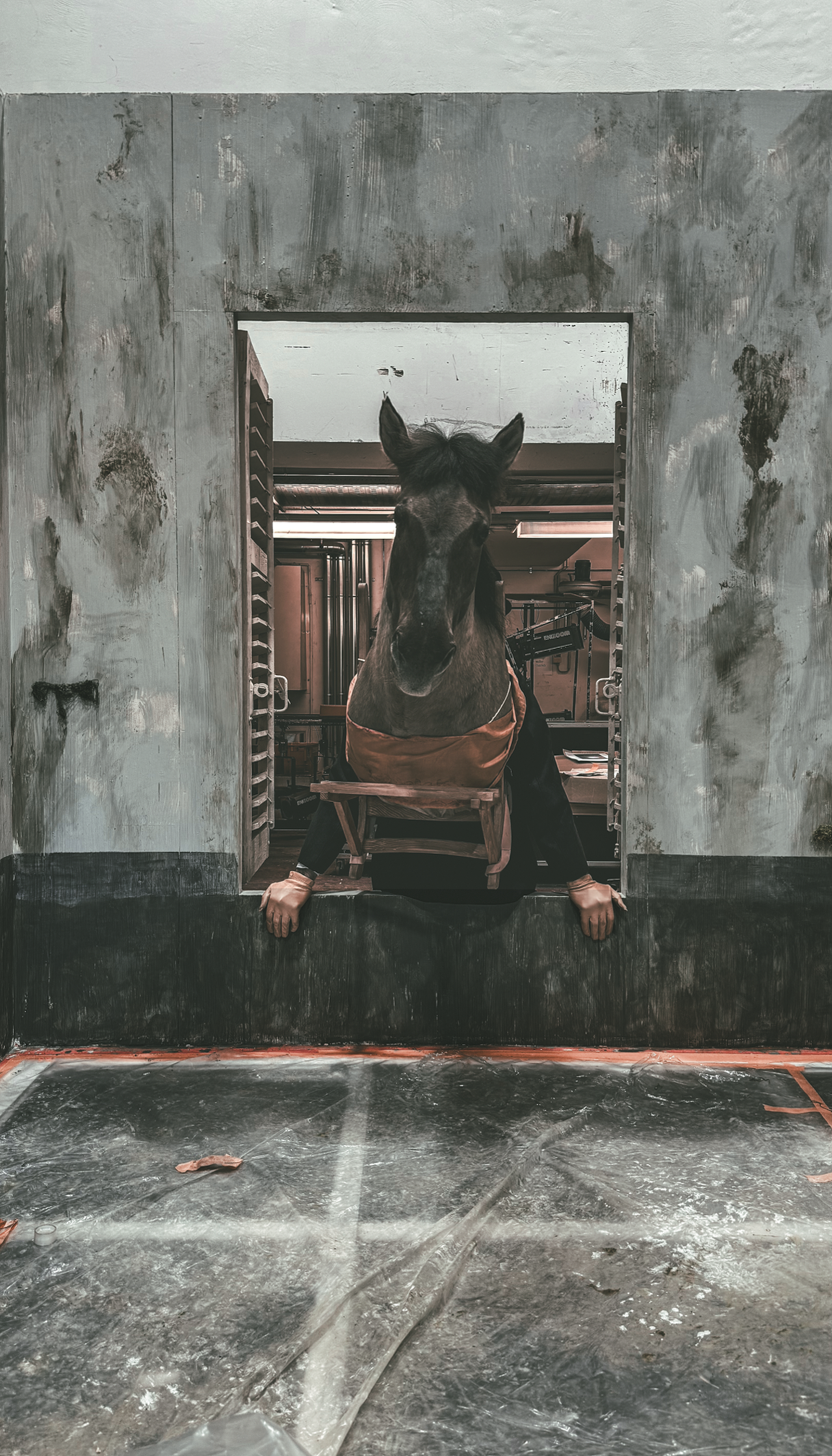 head of a horse, man with top hat climbing through window